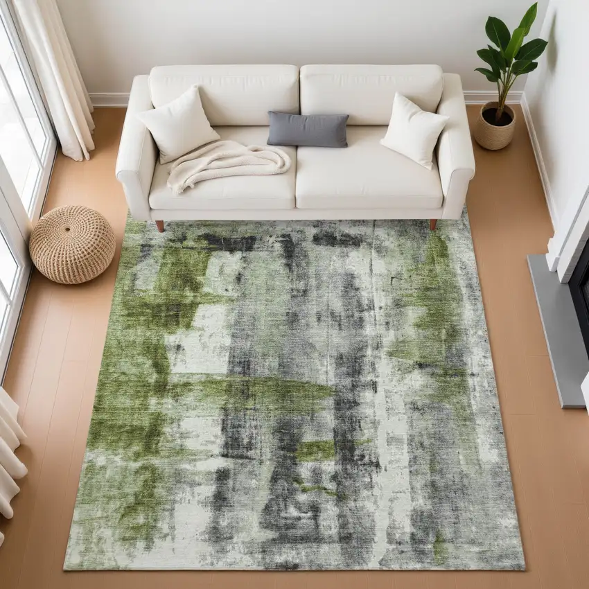 Olive Green Charcoal And Ivory Abstract Washable Area Rug With UV Protection Photo 5
