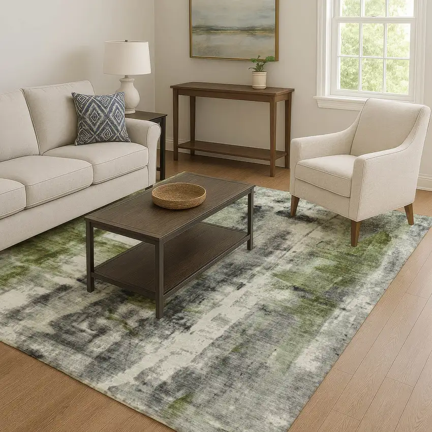 Olive Green Charcoal And Ivory Abstract Washable Area Rug With UV Protection Photo 6