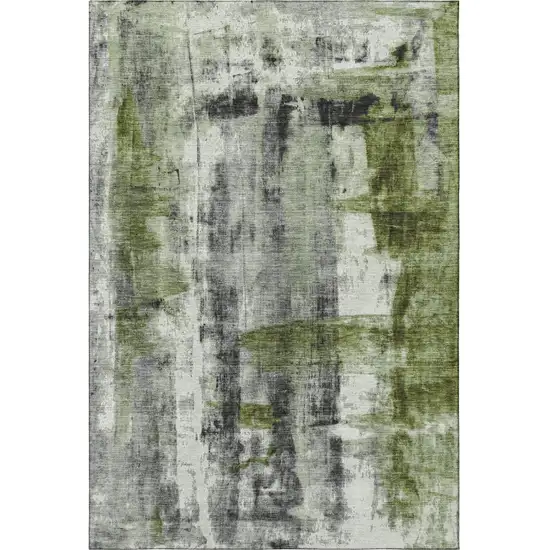 Olive Green Charcoal And Ivory Abstract Washable Area Rug With UV Protection Photo 4