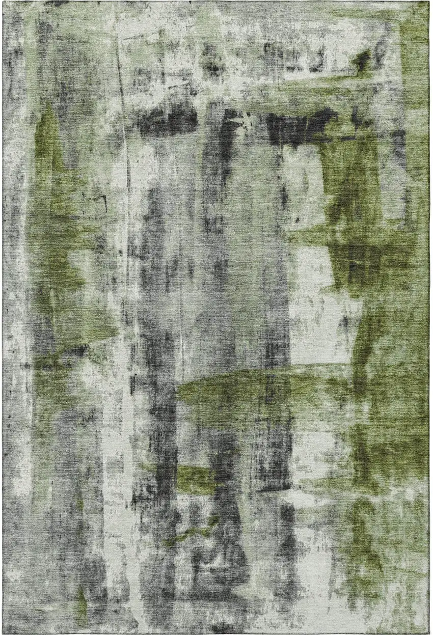 Olive Green Charcoal And Ivory Abstract Washable Area Rug With UV Protection Photo 4