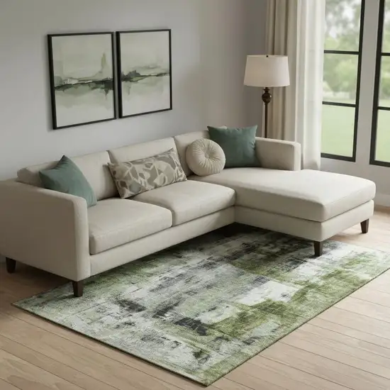 Olive Green Charcoal And Ivory Abstract Washable Area Rug With UV Protection Photo 1