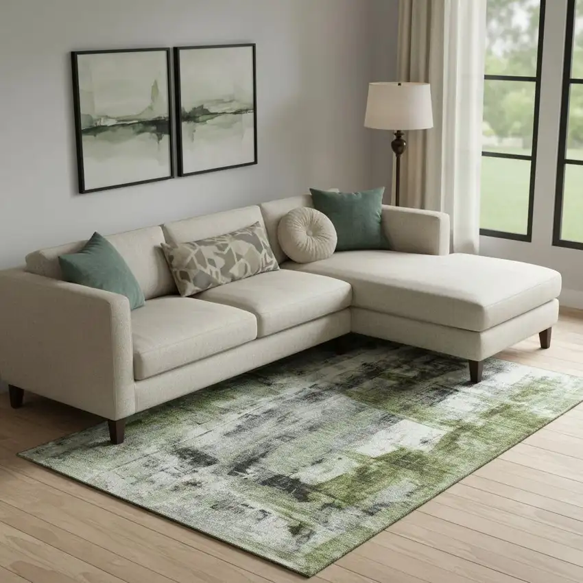 Olive Green Charcoal And Ivory Abstract Washable Area Rug With UV Protection Photo 1