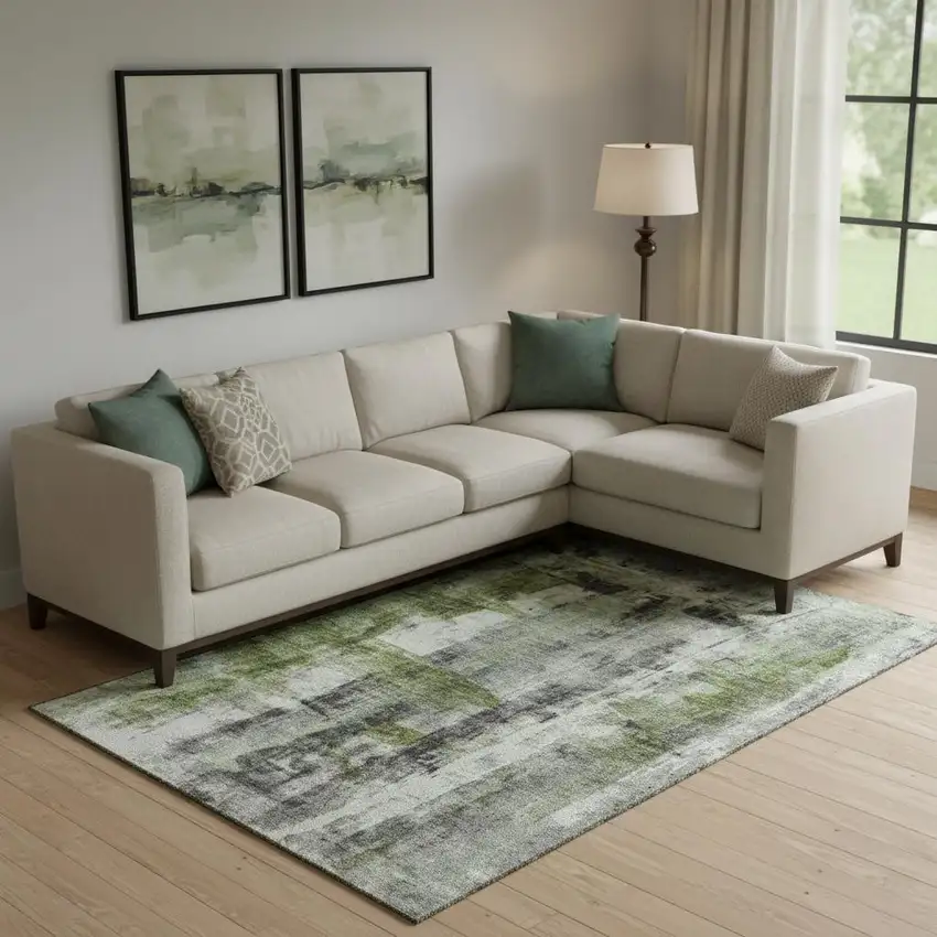 Olive Green Charcoal And Ivory Abstract Washable Area Rug With UV Protection Photo 2