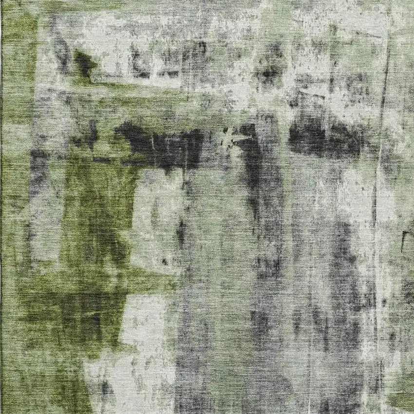 Olive Green Charcoal And Ivory Abstract Washable Area Rug With UV Protection Photo 4