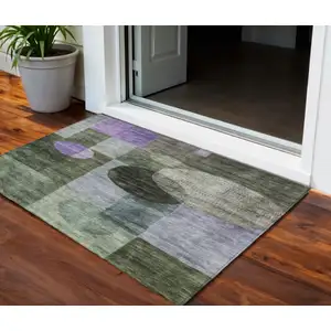 Photo of Olive Green Charcoal And Purple Geometric Washable Indoor Outdoor Area Rug