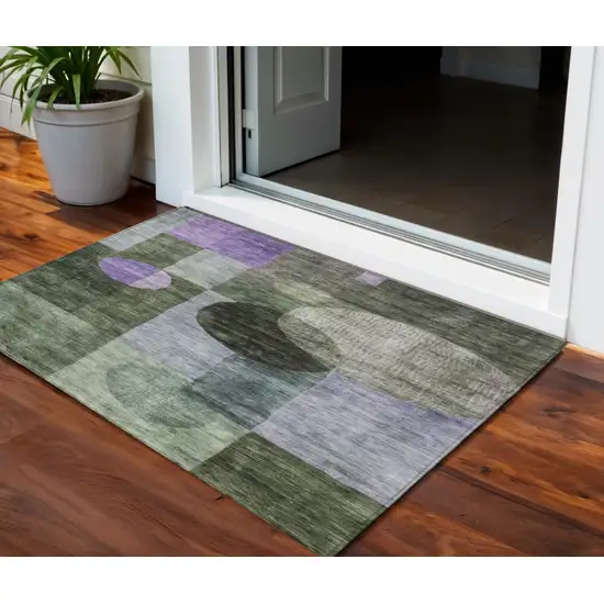 Olive Green Charcoal And Purple Geometric Washable Indoor Outdoor Area Rug Photo 1