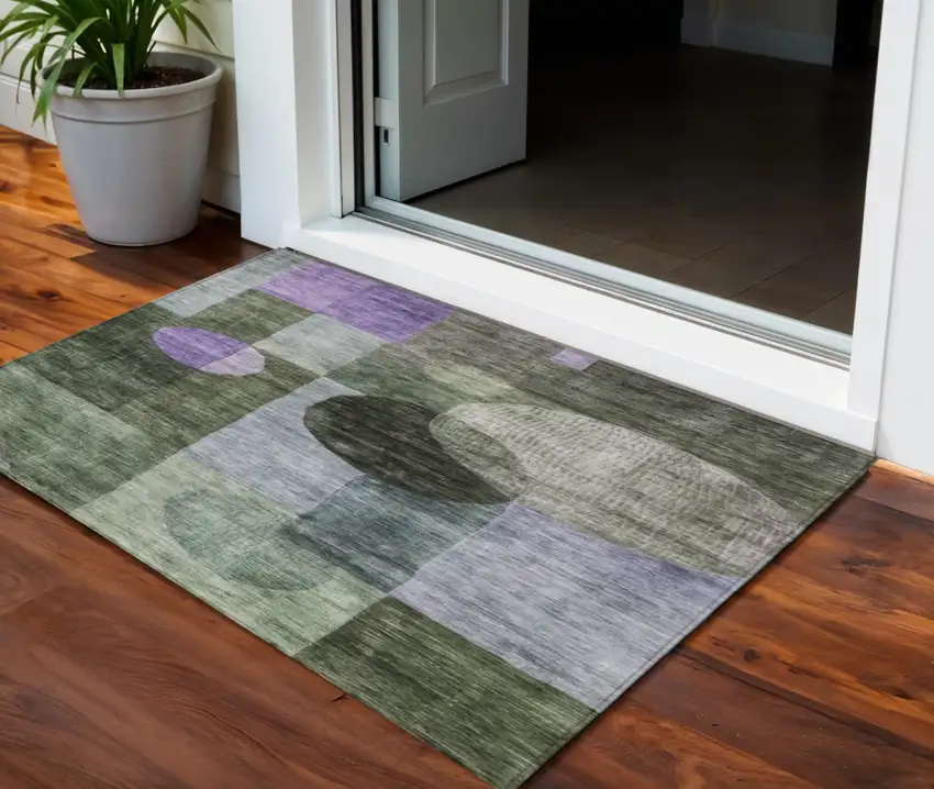 Olive Green Charcoal And Purple Geometric Washable Indoor Outdoor Area Rug Photo 1
