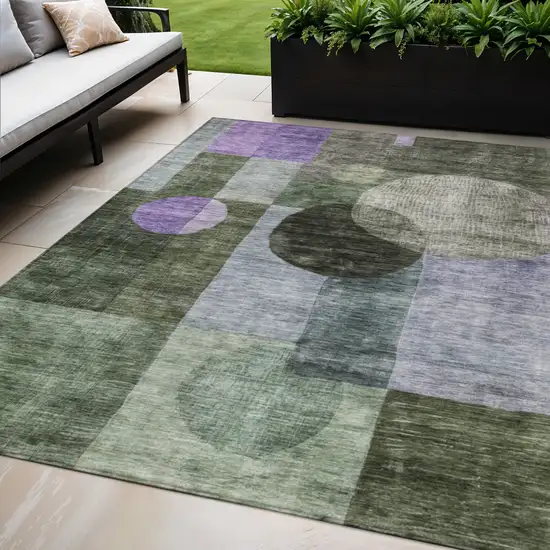 Olive Green Charcoal And Purple Geometric Washable Indoor Outdoor Area Rug Photo 1