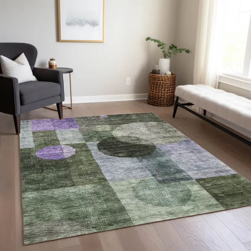 Olive Green Charcoal And Purple Geometric Washable Indoor Outdoor Area Rug Photo 9