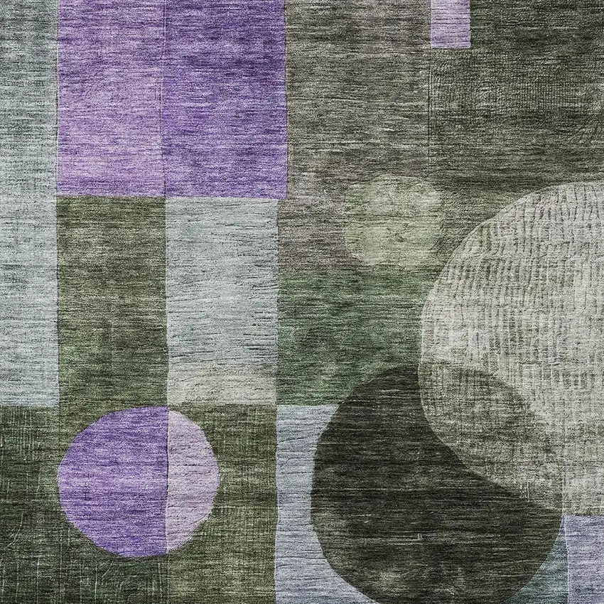 Olive Green Charcoal And Purple Geometric Washable Indoor Outdoor Area Rug Photo 5