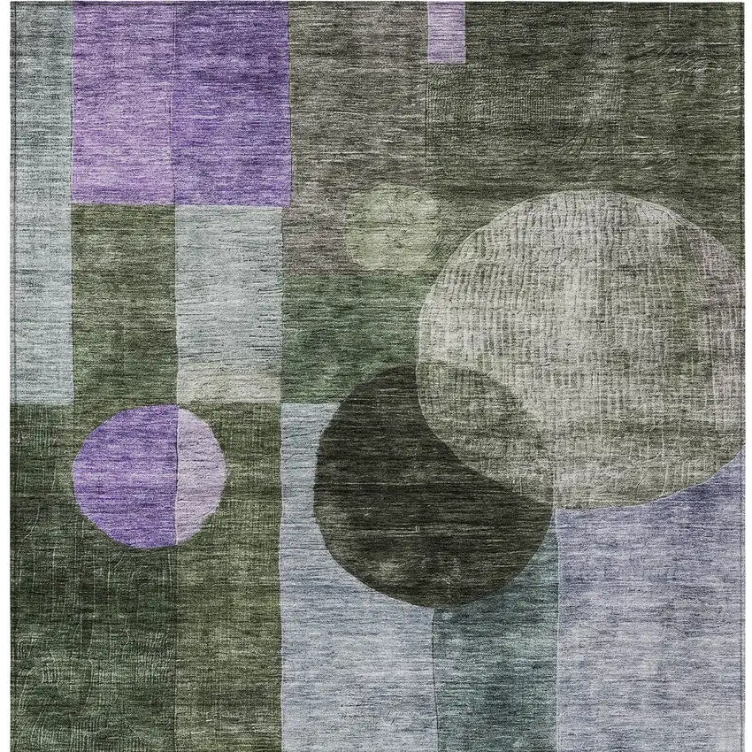 Olive Green Charcoal And Purple Geometric Washable Indoor Outdoor Area Rug Photo 6