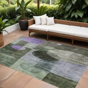 Photo of Olive Green Charcoal And Purple Geometric Washable Indoor Outdoor Area Rug