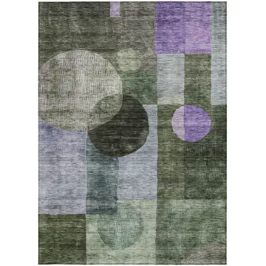 Olive Green Charcoal And Purple Geometric Washable Indoor Outdoor Area Rug Photo 6