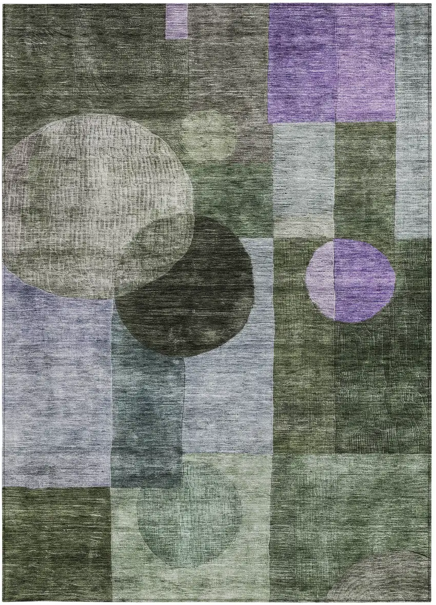 Olive Green Charcoal And Purple Geometric Washable Indoor Outdoor Area Rug Photo 6