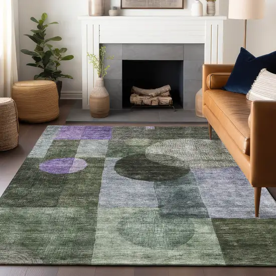 Olive Green Charcoal And Purple Geometric Washable Indoor Outdoor Area Rug Photo 8