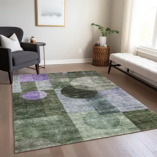 Olive Green Charcoal And Purple Geometric Washable Indoor Outdoor Area Rug Photo 9