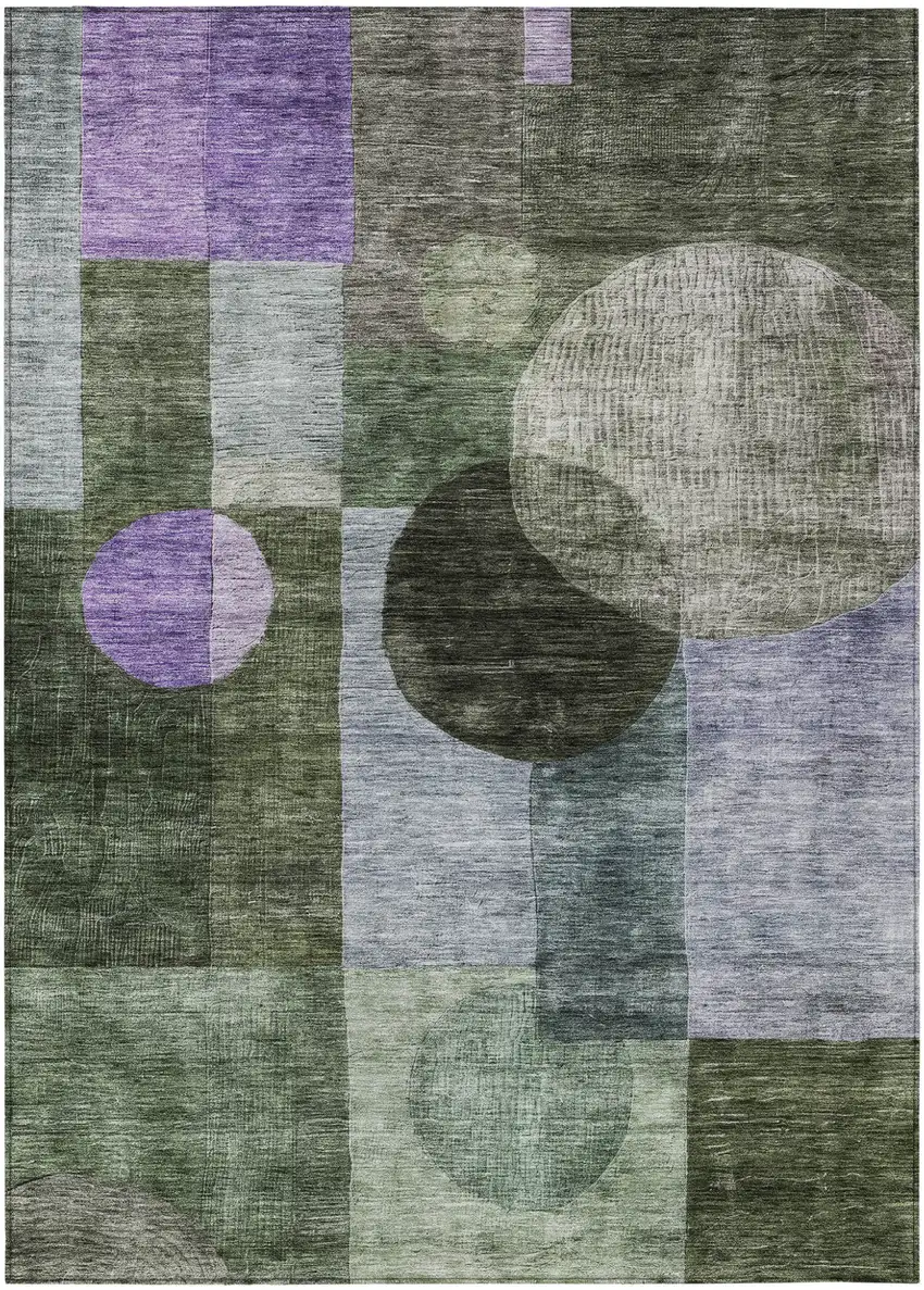 Olive Green Charcoal And Purple Geometric Washable Indoor Outdoor Area Rug Photo 2