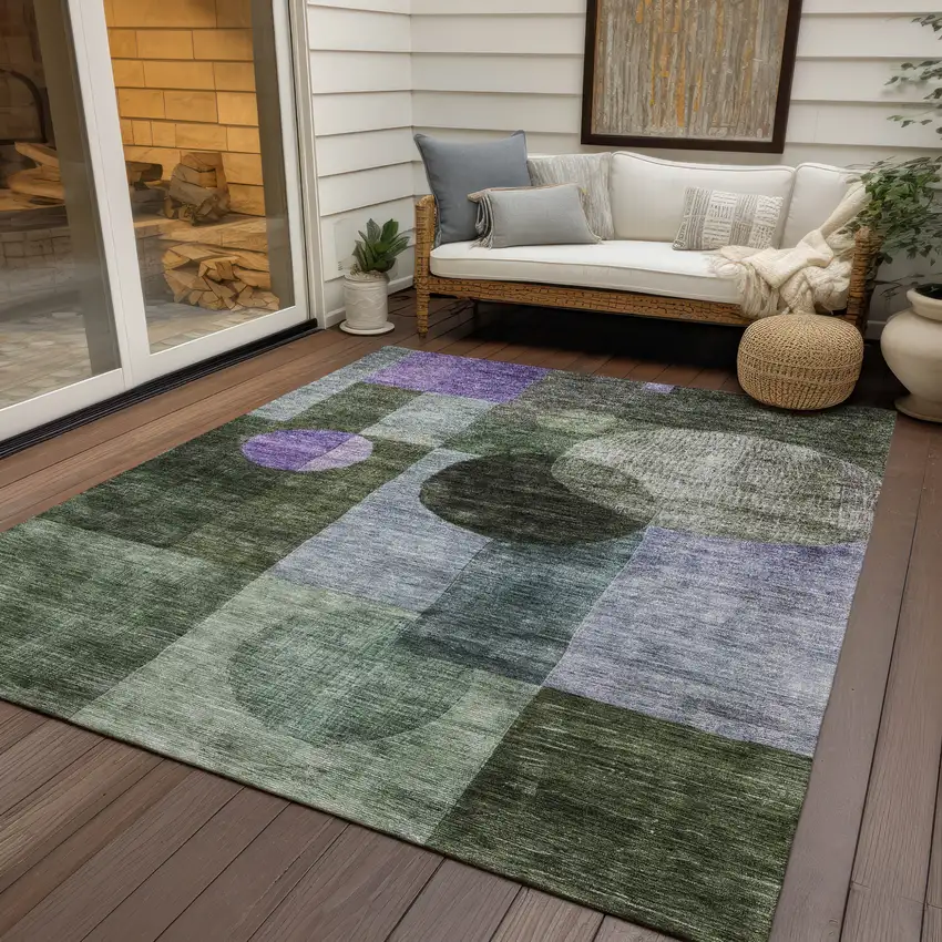Olive Green Charcoal And Purple Geometric Washable Indoor Outdoor Area Rug Photo 7