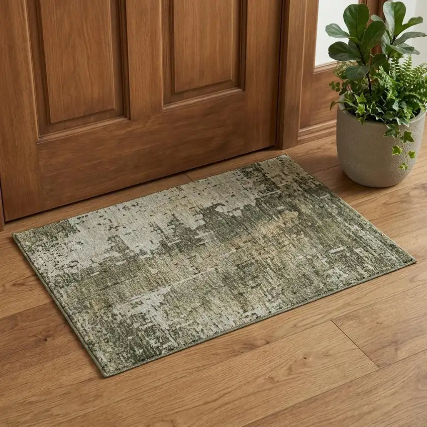 Olive Green Copper And Ivory Abstract Washable Area Rug With UV Protection Photo 1