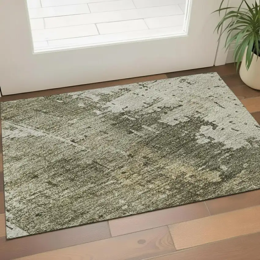Olive Green Copper And Ivory Abstract Washable Area Rug With UV Protection Photo 2