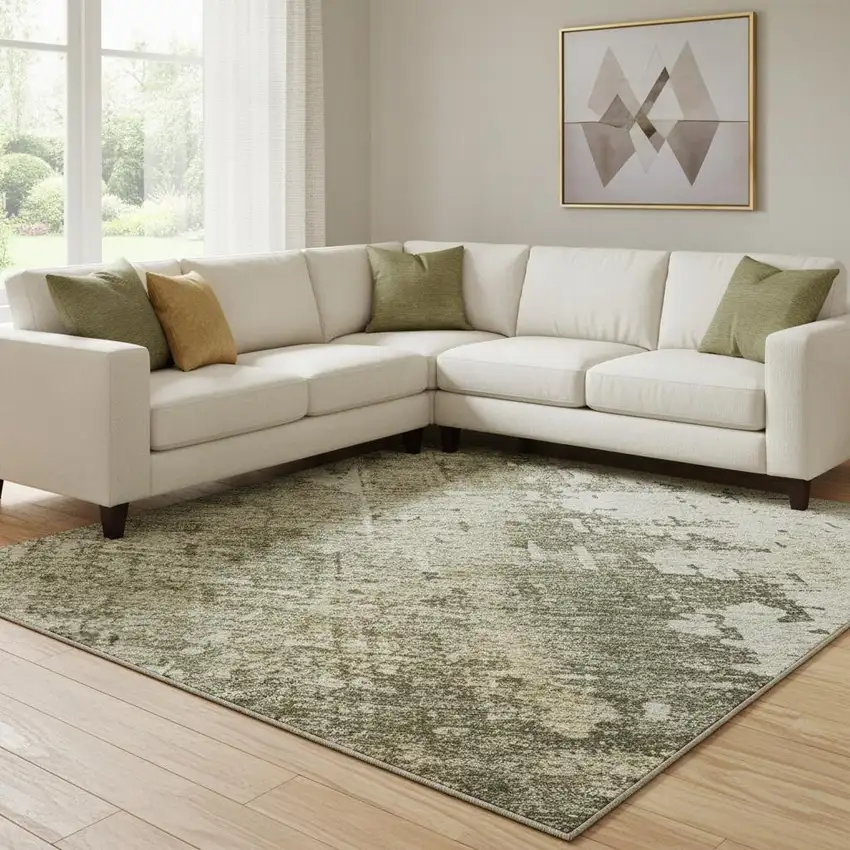 Olive Green Copper And Ivory Abstract Washable Area Rug With UV Protection Photo 2