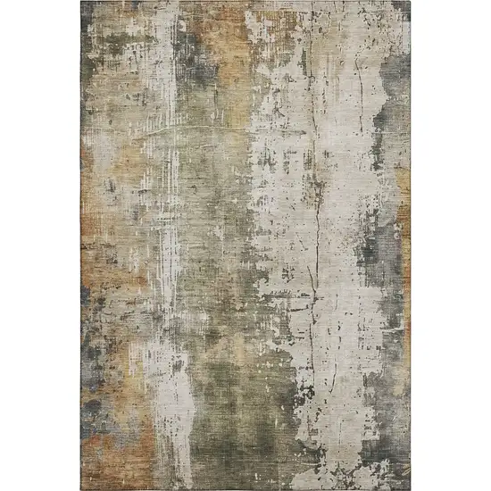 Olive Green Copper And Ivory Abstract Washable Area Rug With UV Protection Photo 4