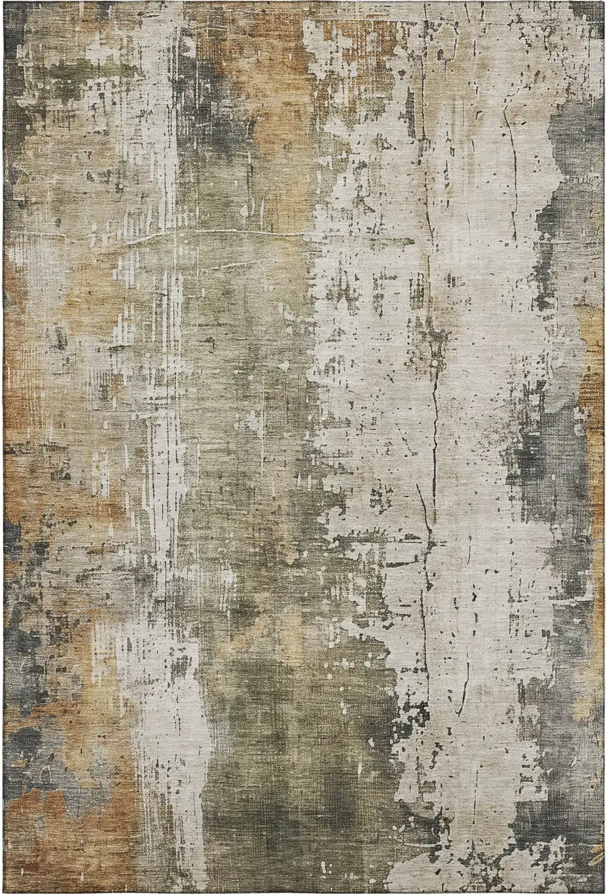 Olive Green Copper And Ivory Abstract Washable Area Rug With UV Protection Photo 4