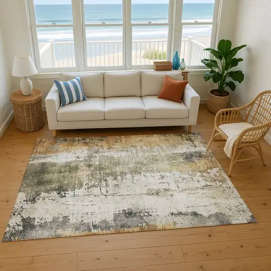 Olive Green Copper And Ivory Abstract Washable Area Rug With UV Protection Photo 3