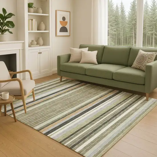 Olive Green Copper And Ivory Striped Washable Indoor Outdoor Area Rug Photo 8