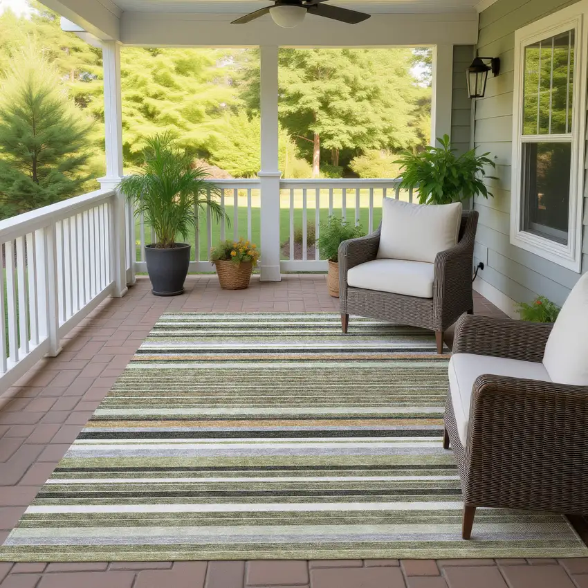 Olive Green Copper And Ivory Striped Washable Indoor Outdoor Area Rug Photo 9