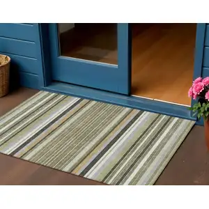 Photo of Olive Green Copper And Ivory Striped Washable Indoor Outdoor Area Rug