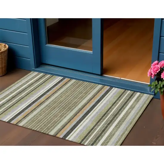 Olive Green Copper And Ivory Striped Washable Indoor Outdoor Area Rug Photo 1