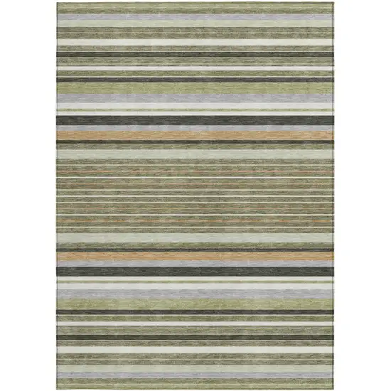 Olive Green Copper And Ivory Striped Washable Indoor Outdoor Area Rug Photo 5