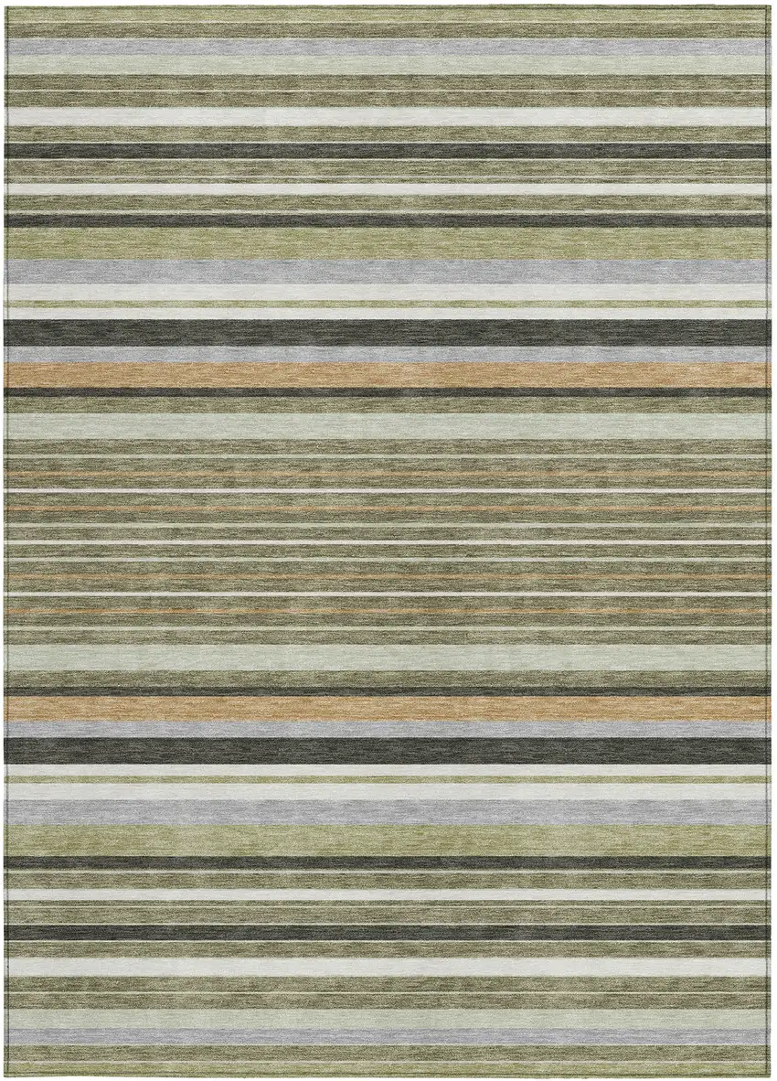 Olive Green Copper And Ivory Striped Washable Indoor Outdoor Area Rug Photo 5