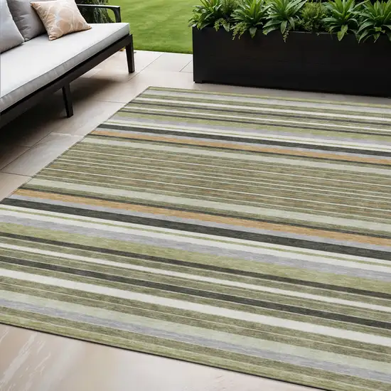 Olive Green Copper And Ivory Striped Washable Indoor Outdoor Area Rug Photo 1
