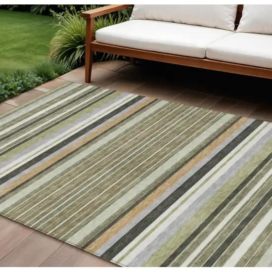 Olive Green Copper And Ivory Striped Washable Indoor Outdoor Area Rug Photo 1