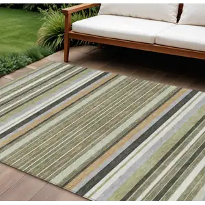 Photo of Olive Green Copper And Ivory Striped Washable Indoor Outdoor Area Rug