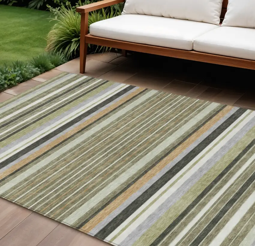 Olive Green Copper And Ivory Striped Washable Indoor Outdoor Area Rug Photo 1