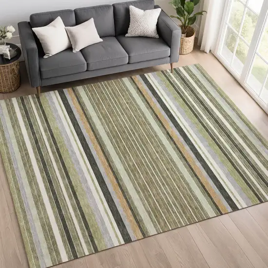 Olive Green Copper And Ivory Striped Washable Indoor Outdoor Area Rug Photo 9