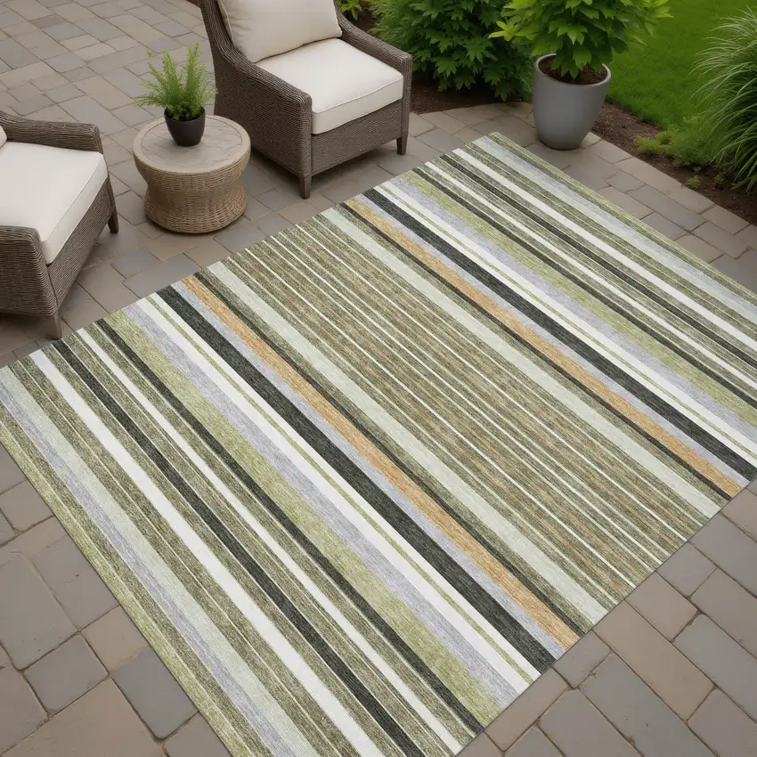 Olive Green Copper And Ivory Striped Washable Indoor Outdoor Area Rug Photo 8