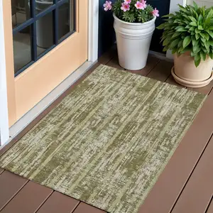Photo of Olive Green Dark Green And Beige Striped Washable Indoor Outdoor Area Rug