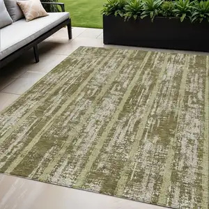 Photo of Olive Green Dark Green And Beige Striped Washable Indoor Outdoor Area Rug