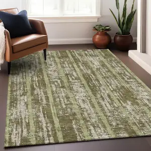 Photo of Olive Green Dark Green And Beige Striped Washable Indoor Outdoor Area Rug