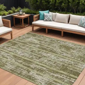 Photo of Olive Green Dark Green And Beige Striped Washable Indoor Outdoor Area Rug