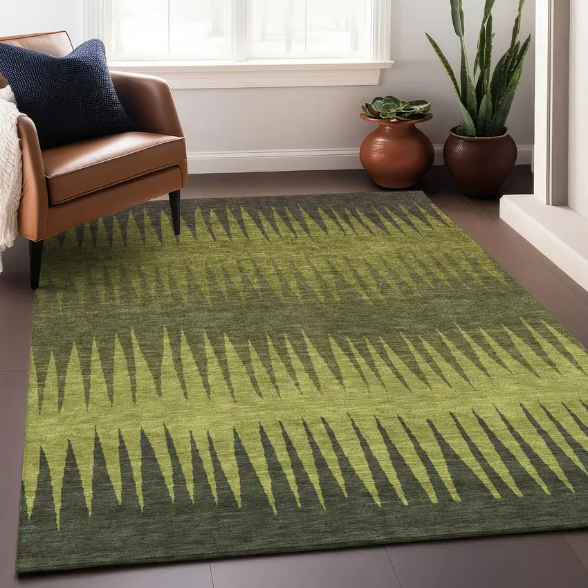 Olive Green Dark Green And Brown Striped Washable Indoor Outdoor Area Rug Photo 9