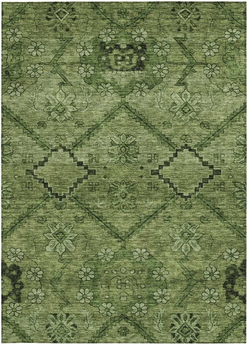 Olive Green Fern Green And Artichoke Green Floral Washable Indoor Outdoor Area Rug Photo 7
