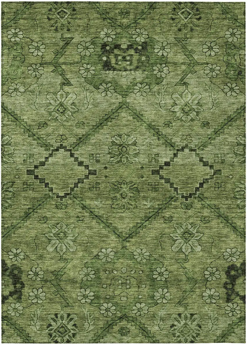 Olive Green Fern Green And Artichoke Green Floral Washable Indoor Outdoor Area Rug Photo 2
