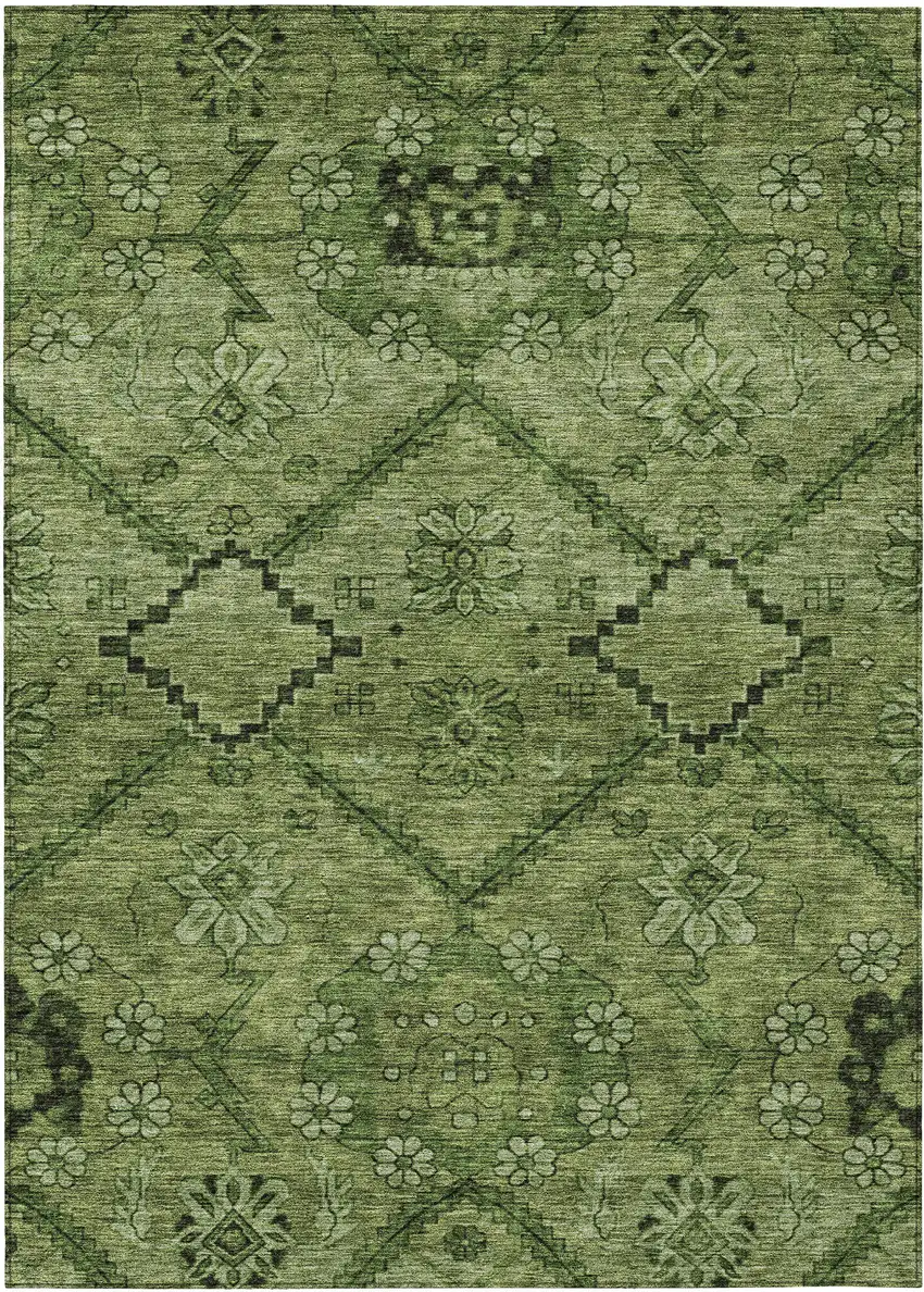Olive Green Fern Green And Artichoke Green Floral Washable Indoor Outdoor Area Rug Photo 2