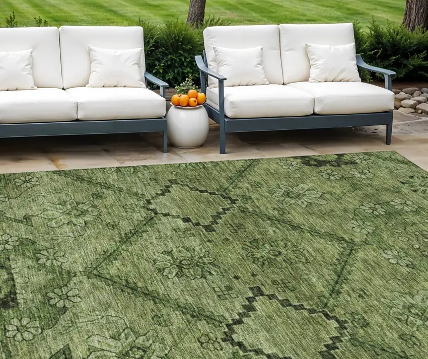 Olive Green Fern Green And Artichoke Green Floral Washable Indoor Outdoor Area Rug Photo 1