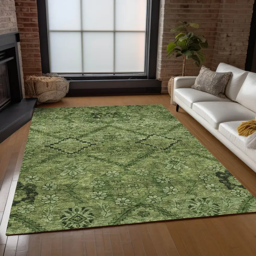 Olive Green Fern Green And Artichoke Green Floral Washable Indoor Outdoor Area Rug Photo 9